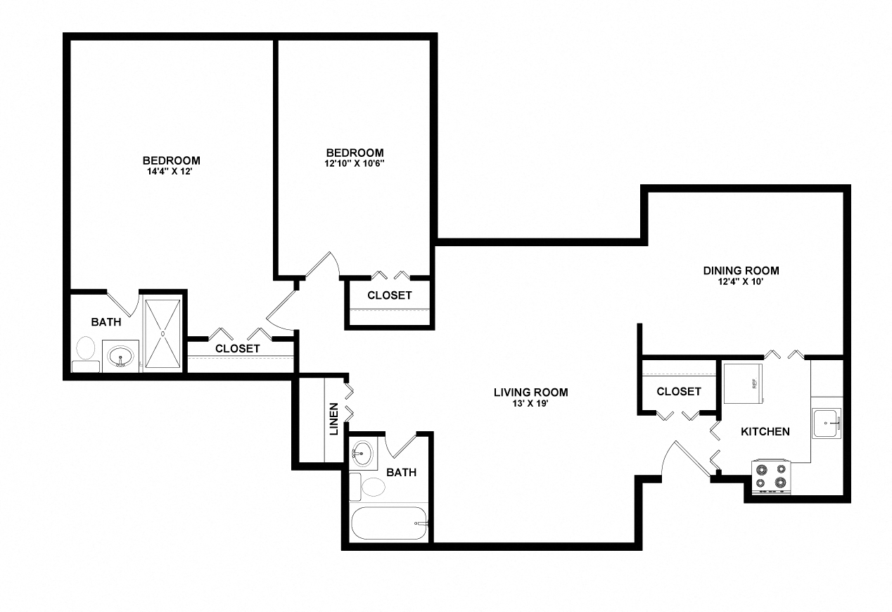 Floor plan for 2 beds, 2 baths, 1090 sqft